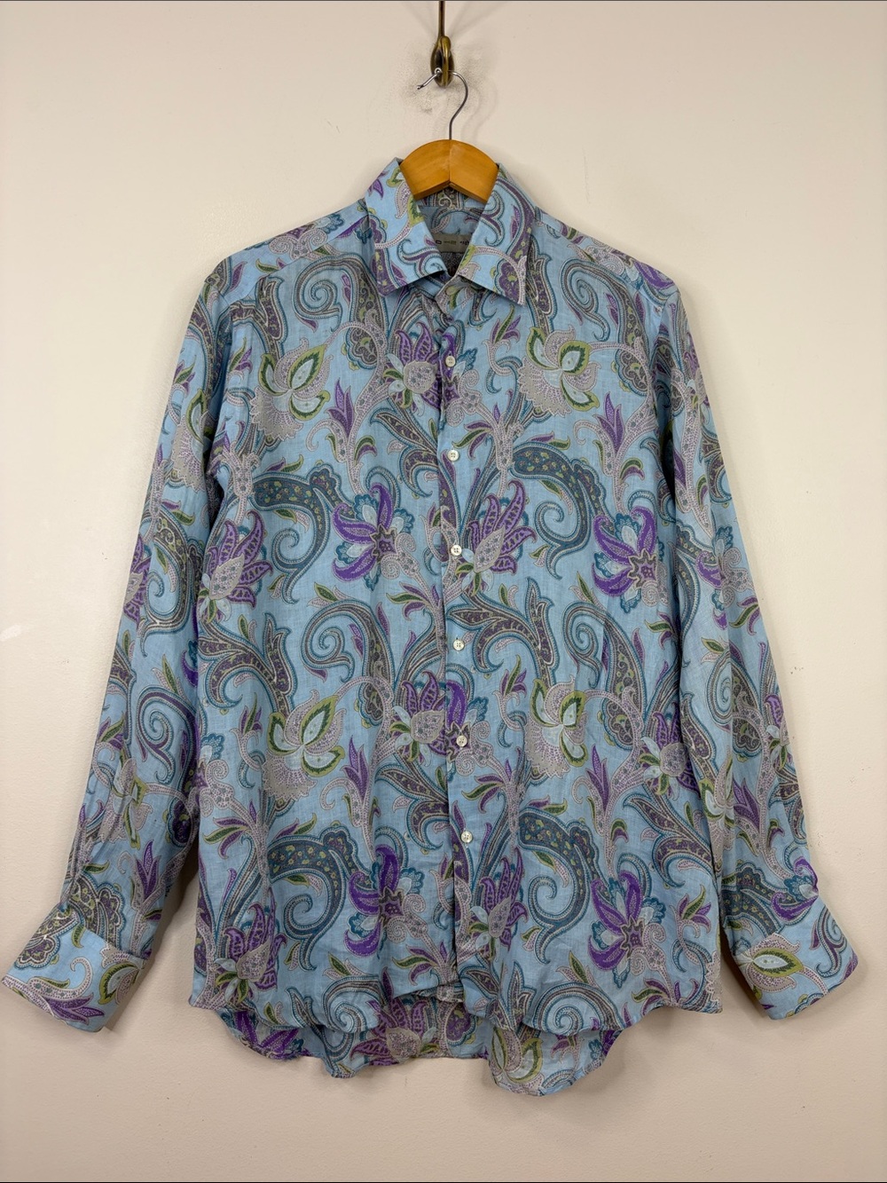 Etro Shirt Mens 42 Blue Purple Paisley Floral Long Sleeve Button Up Collared